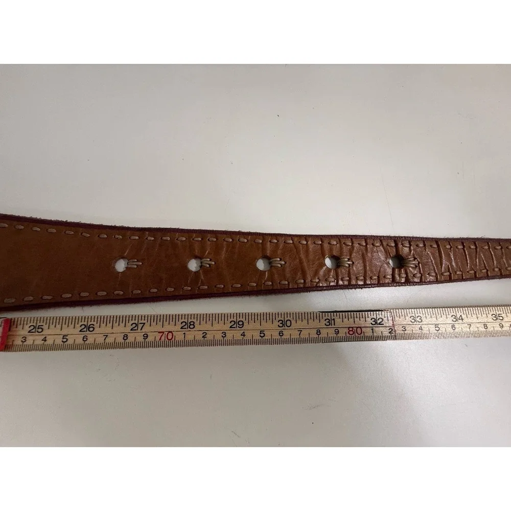 Wide Brown Leather Contour Waist Belt Brass Buckle Whipstitch Boho Western